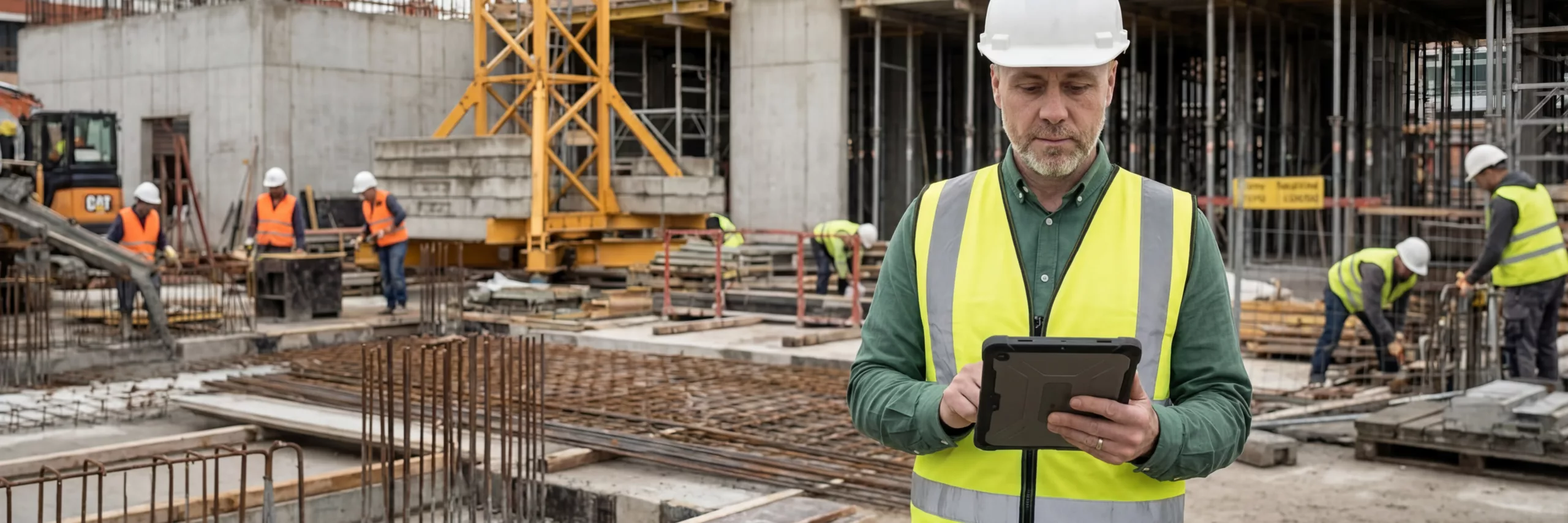 The site manager records the construction progress in a digital site diary using a tablet on site